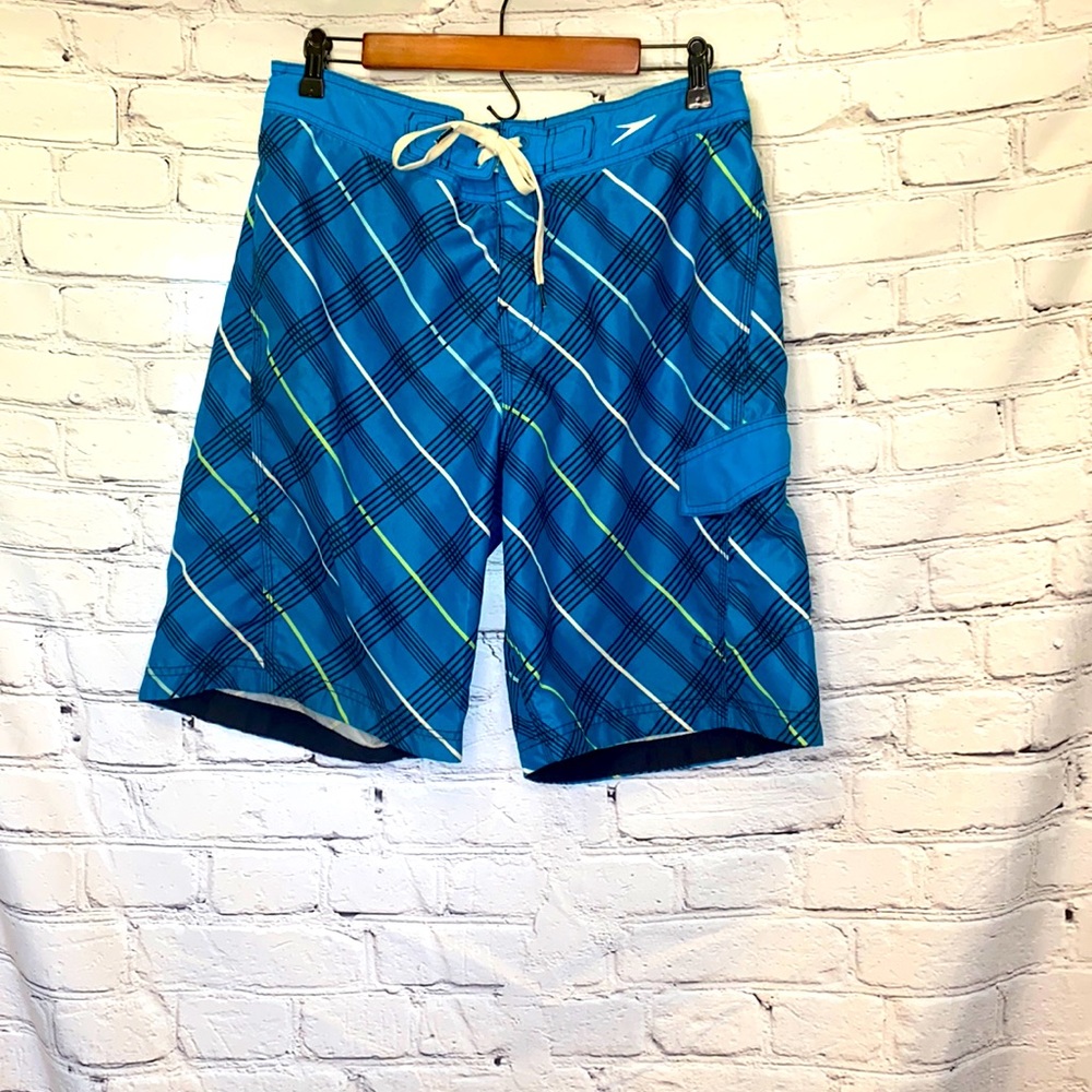 Speedo Blue Plaid Swim Trunks Size Medium
